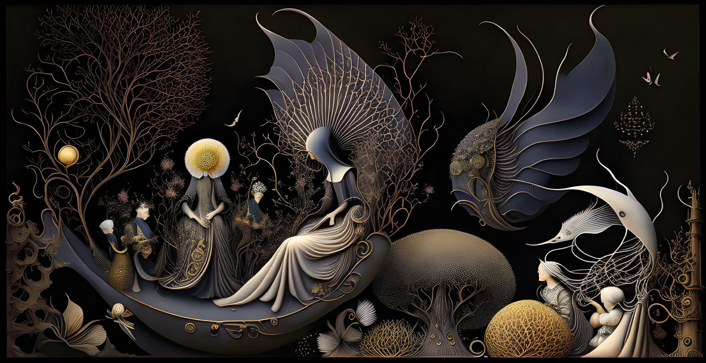 Monochromatic fantasy art of ethereal beings with intricate wings in a celestial setting