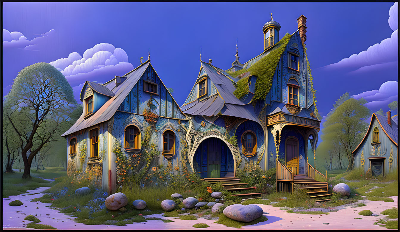 Whimsical fantasy house in twilight setting surrounded by trees and rocks