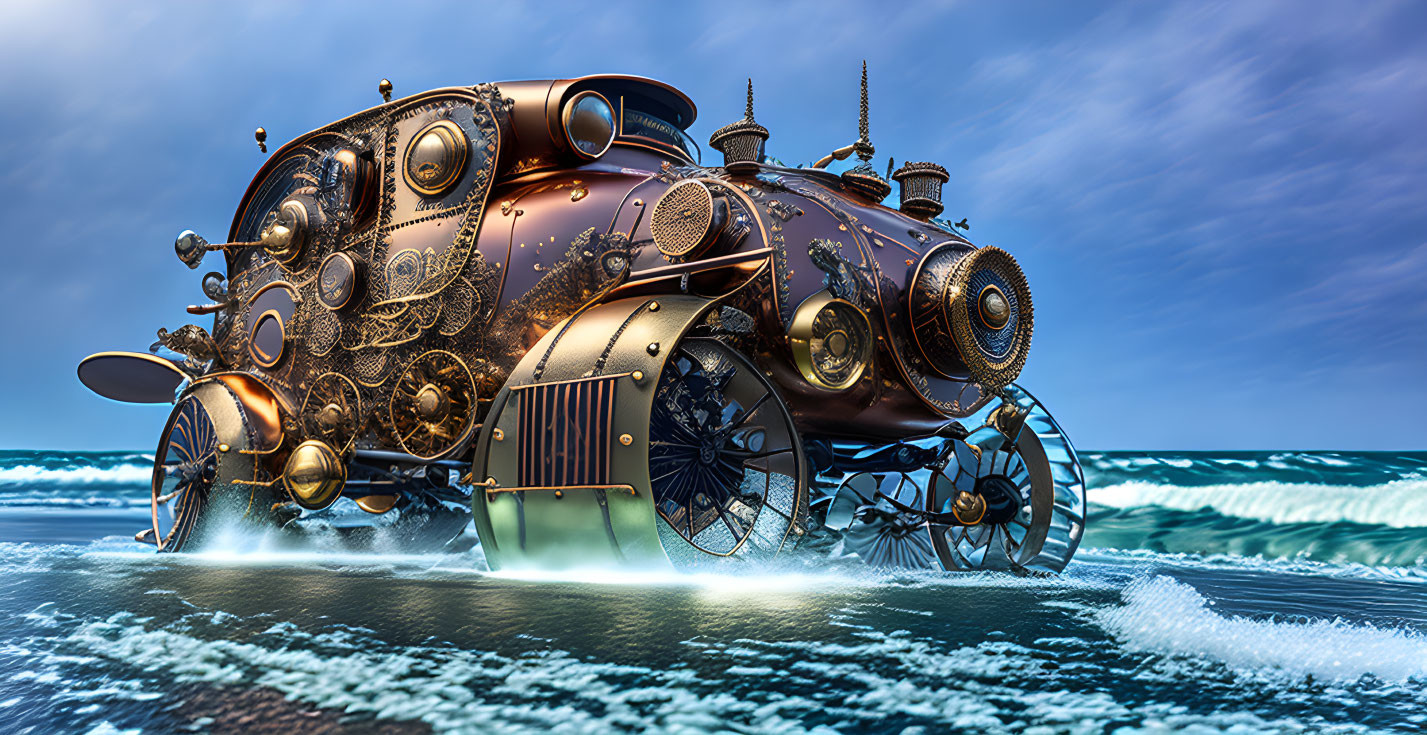 Intricate steampunk submarine emerges in dramatic ocean scene