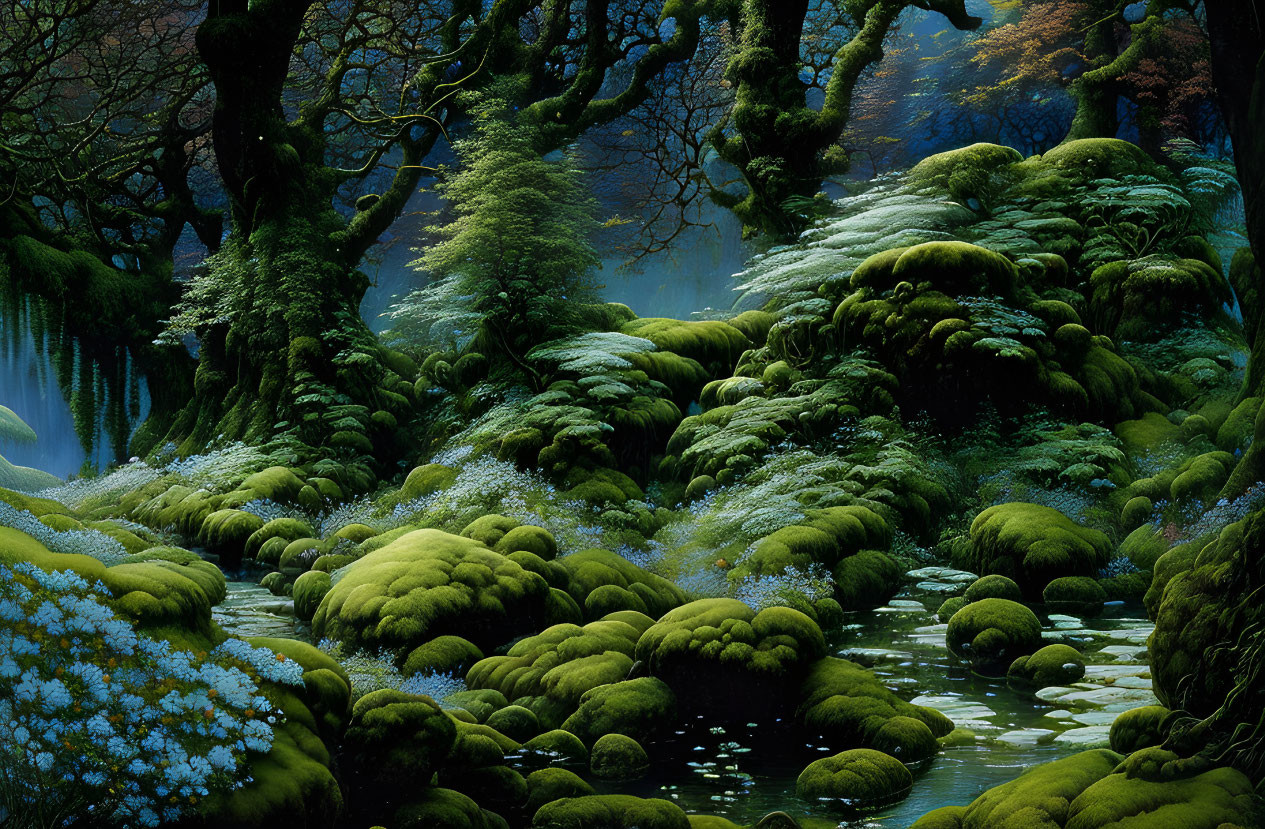 Lush Moss-Covered Forest with Flowers and Stream