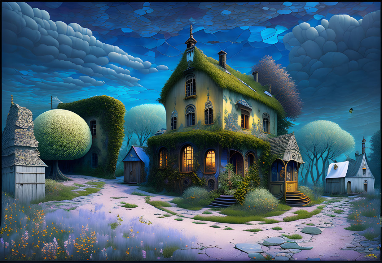 Fantasy artwork: Whimsical village with vine-covered house and round-topped trees at twilight