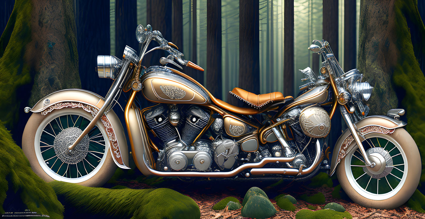 Ornate custom motorcycle in serene forest setting