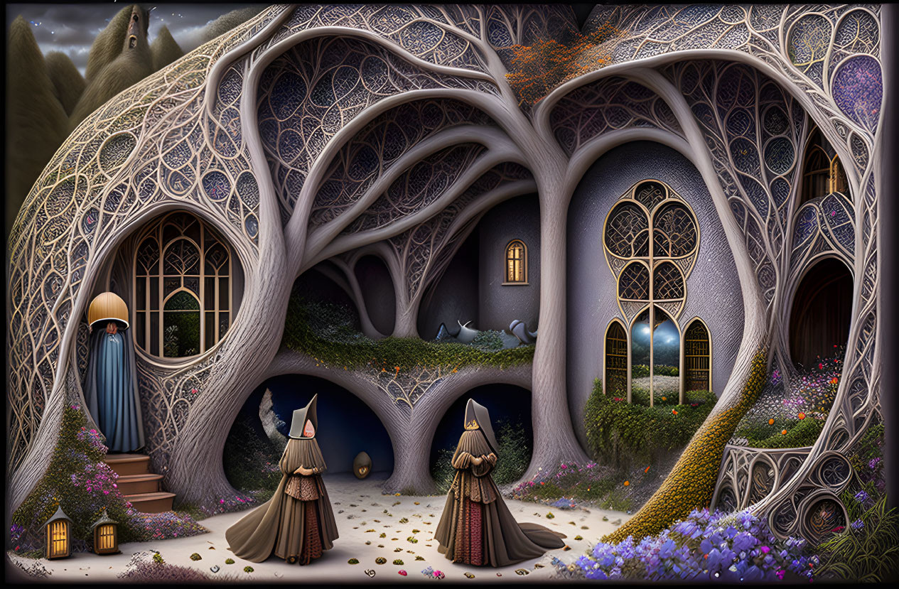 Fantasy illustration: Cloaked figures by intricate treehouse in mystical dusk landscape