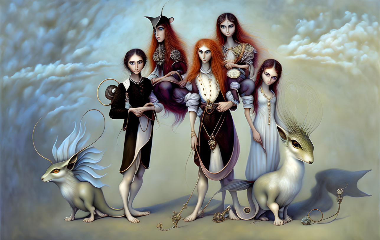 Five ethereal figures and two mystical creatures in a captivating scene.