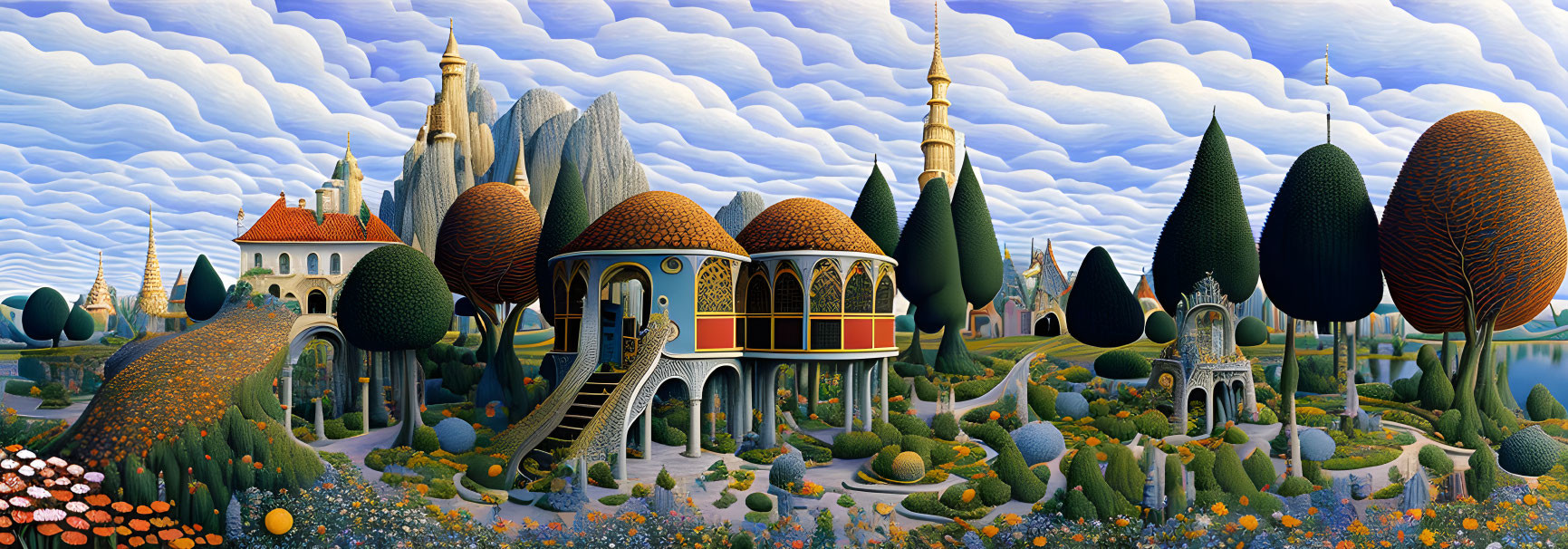 Whimsical fantasy landscape with architecture and topiary trees