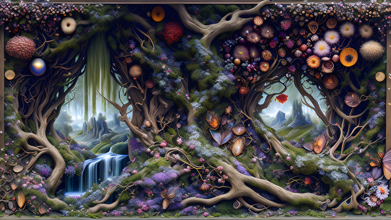 Vibrant flora, whimsical trees, waterfall, and butterflies in mystical forest scene