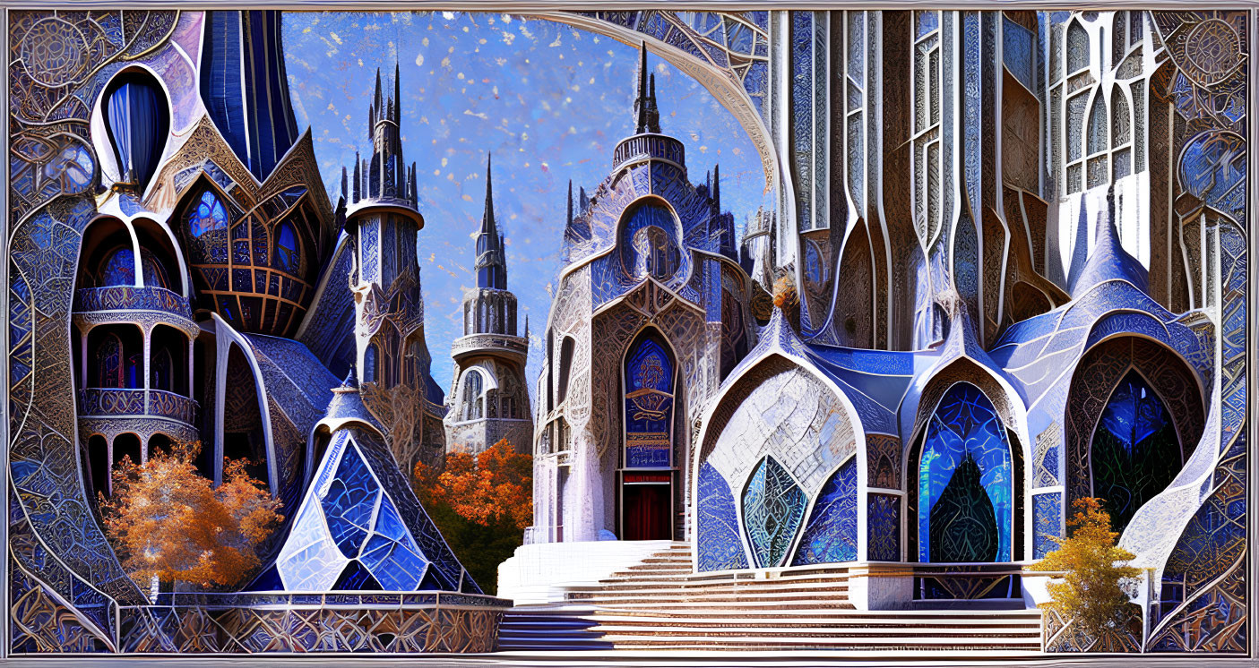 Fantasy castle with blue and silver patterns, autumn trees, and bright sky.