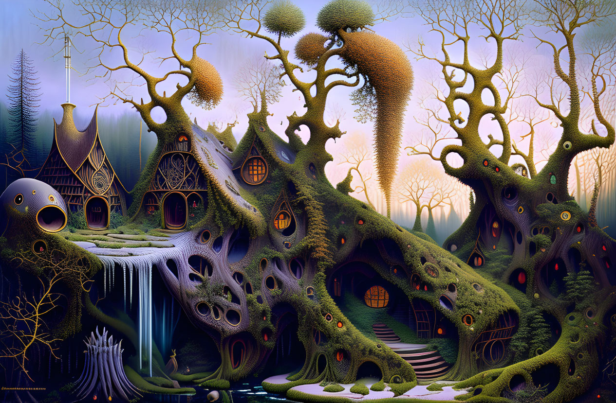 Whimsical tree-like houses in fantastical landscape