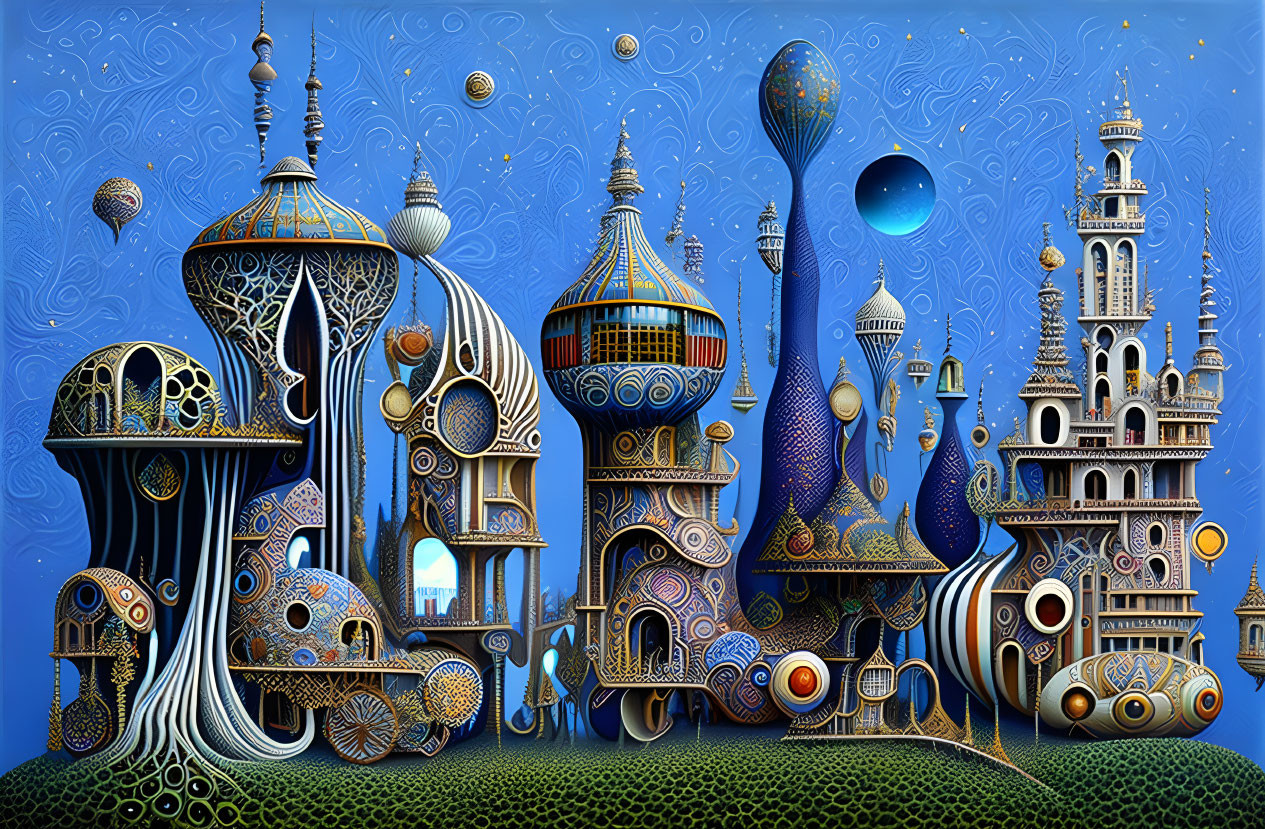 Whimsical cityscape: intricate, organic architecture under starry sky