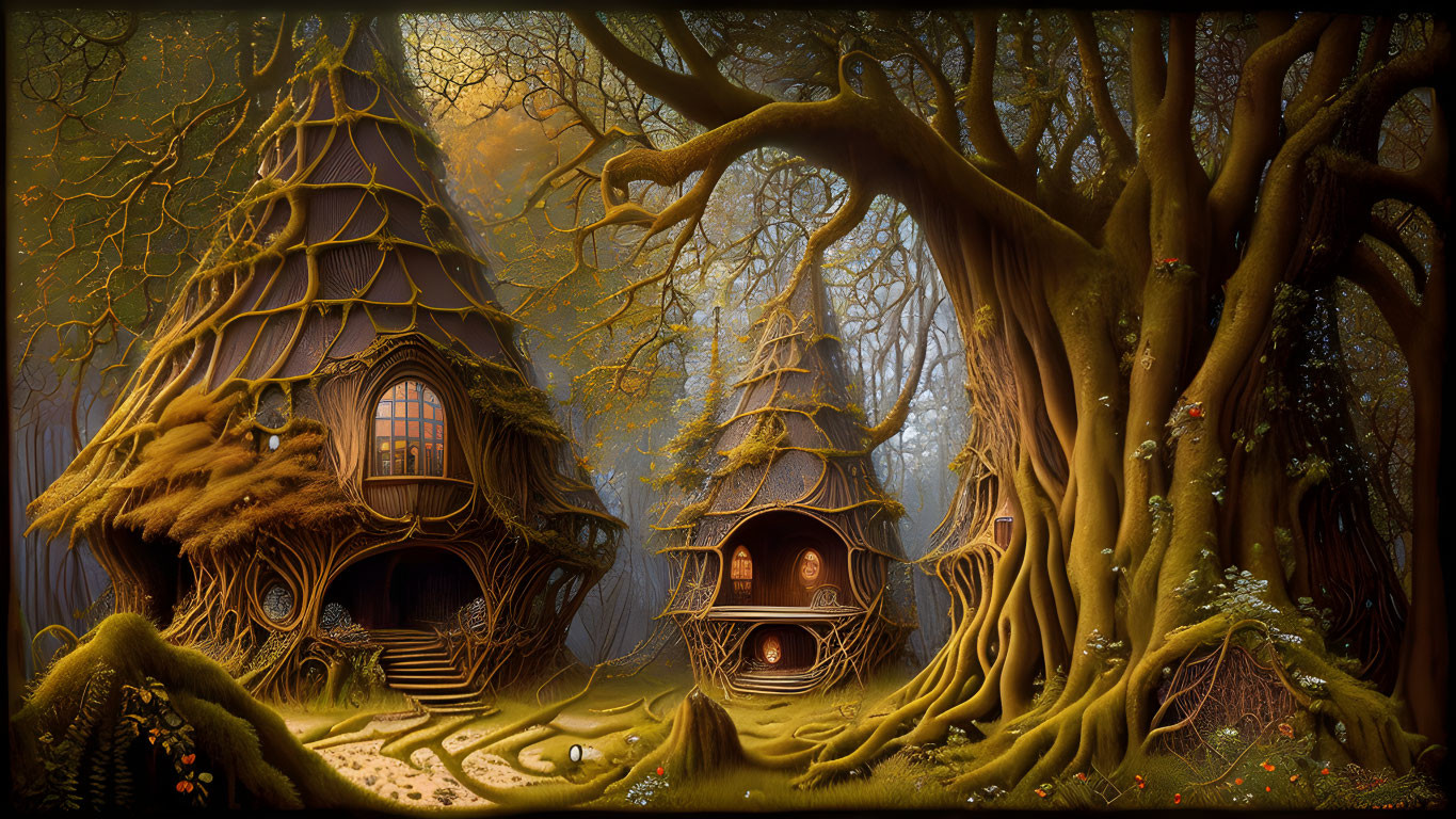 Whimsical treehouses in enchanted forest scene