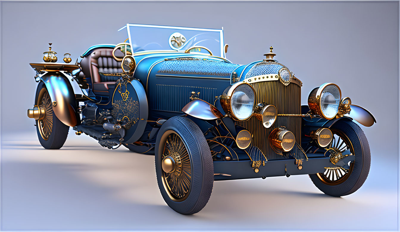 Detailed 3D Rendering of Vintage Blue Car with Brass Accents