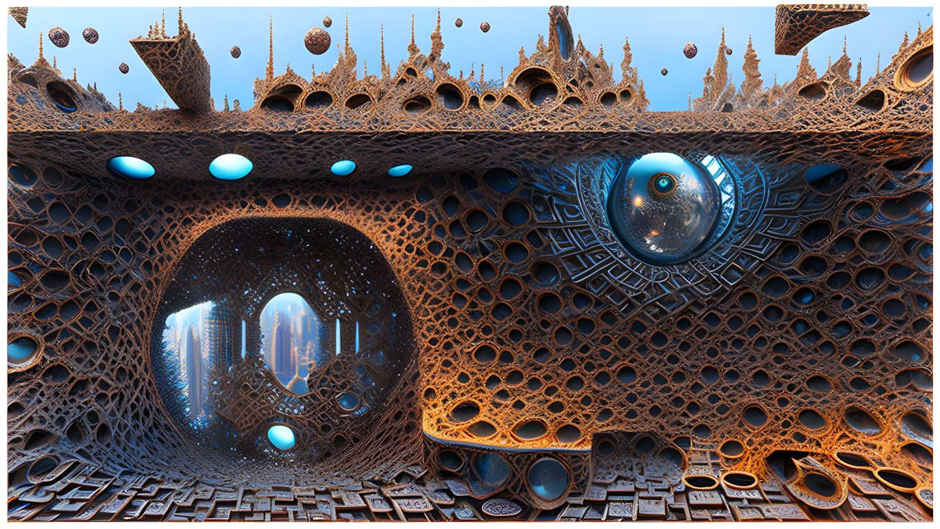 Fractal landscape with floating spheres and eye motifs amidst architectural elements and intricate patterns under blue sky