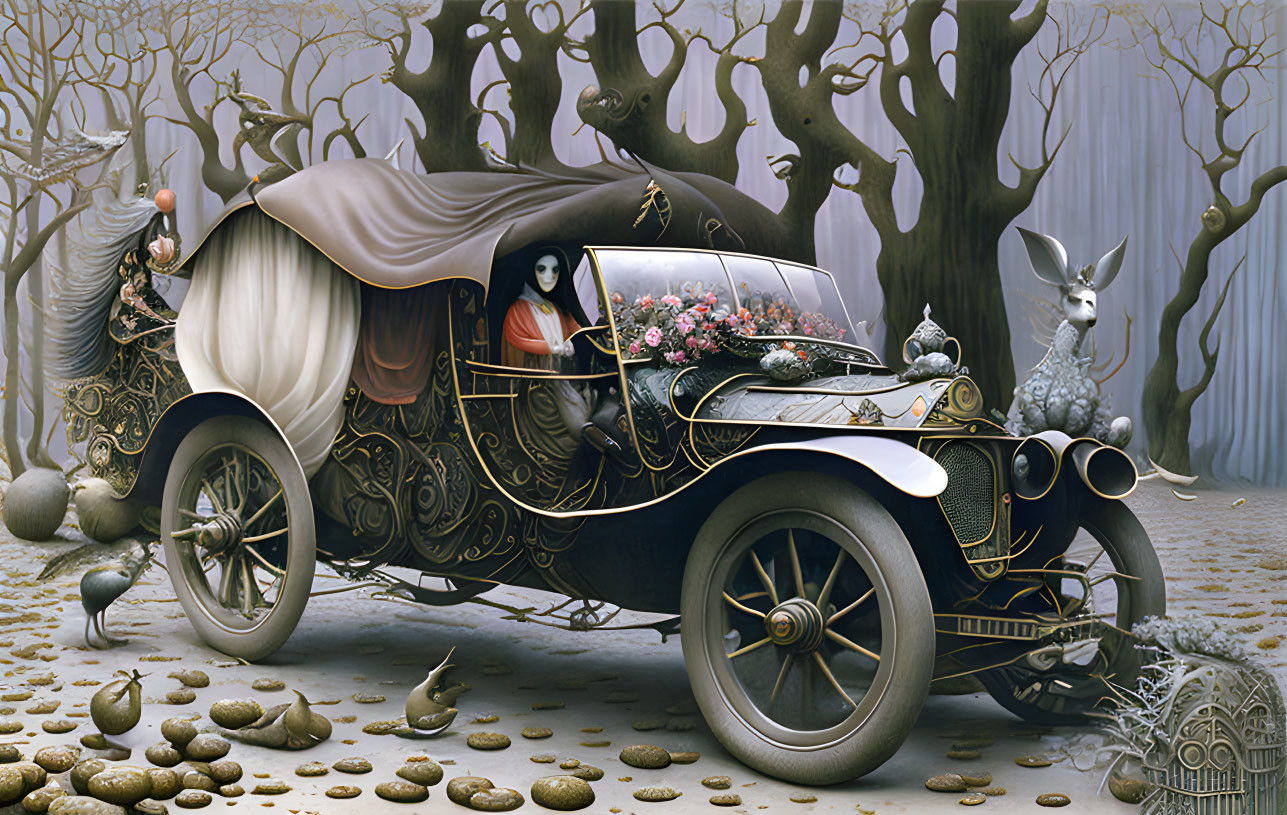 Vintage car and female passenger in surreal forest scene with animals and unique trees.