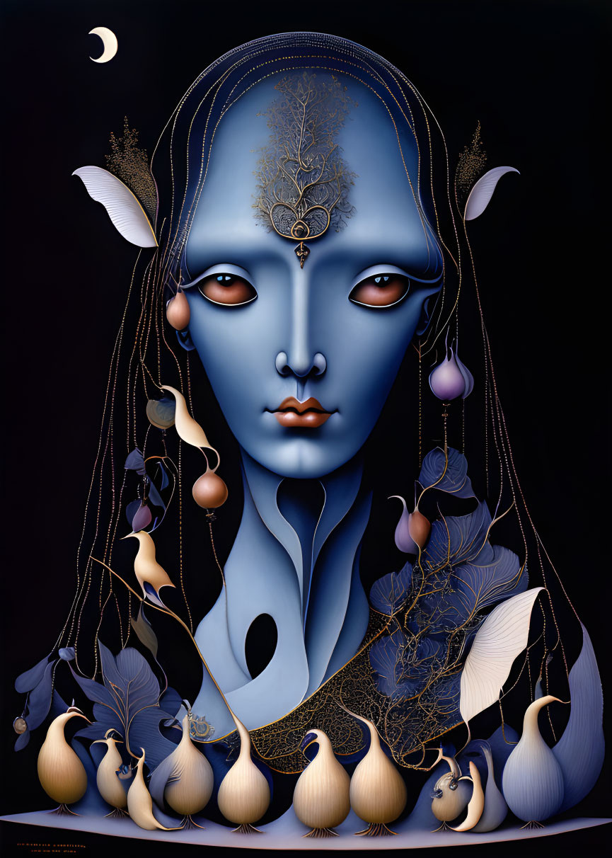 Blue-faced being with gold and pearl adornments in surreal portrait