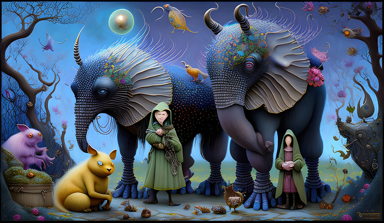 Surreal painting featuring armored elephants and fantastical creatures