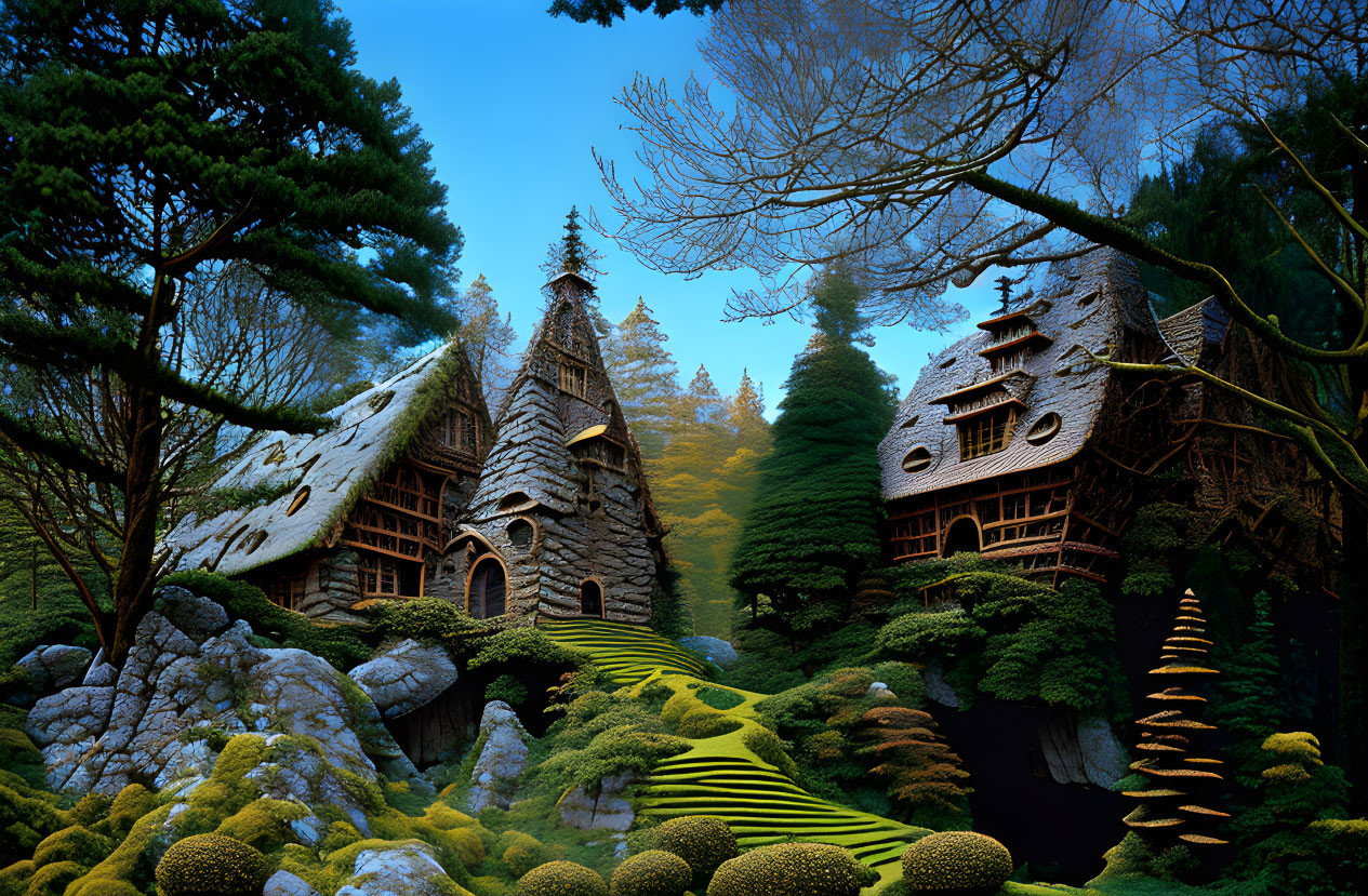 Whimsical woodland scene with moss-covered cottages and unique greenery