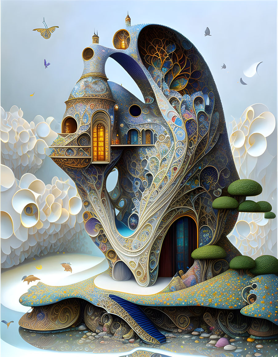 Intricate patterned treehouse in surreal fantasy setting