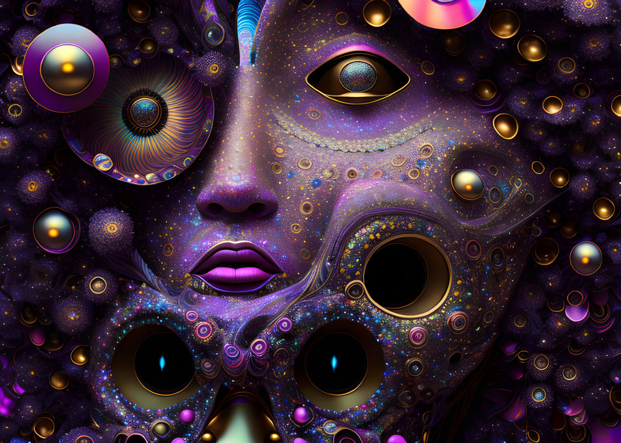 Colorful surreal face with cosmic patterns and orbs in purple palette