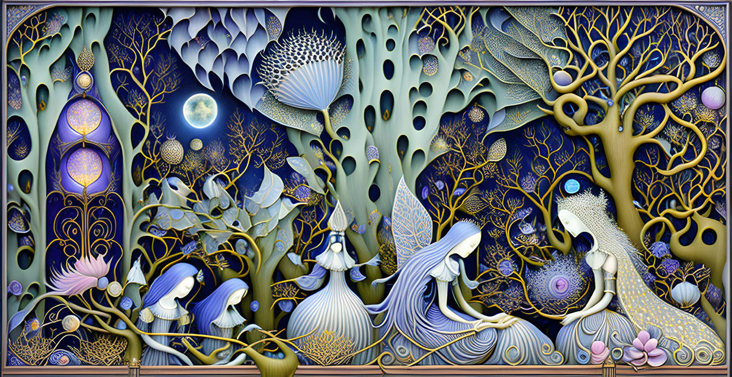 Fantasy-style painting with plant-like elements, peacock figures, and moon in blue and gold palette