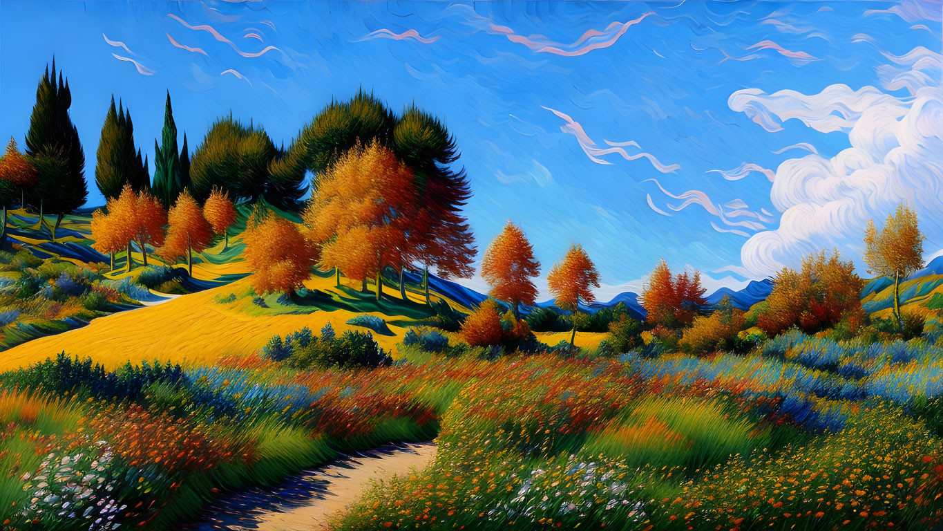 Colorful landscape painting: Path through wildflowers to autumn trees & blue mountains