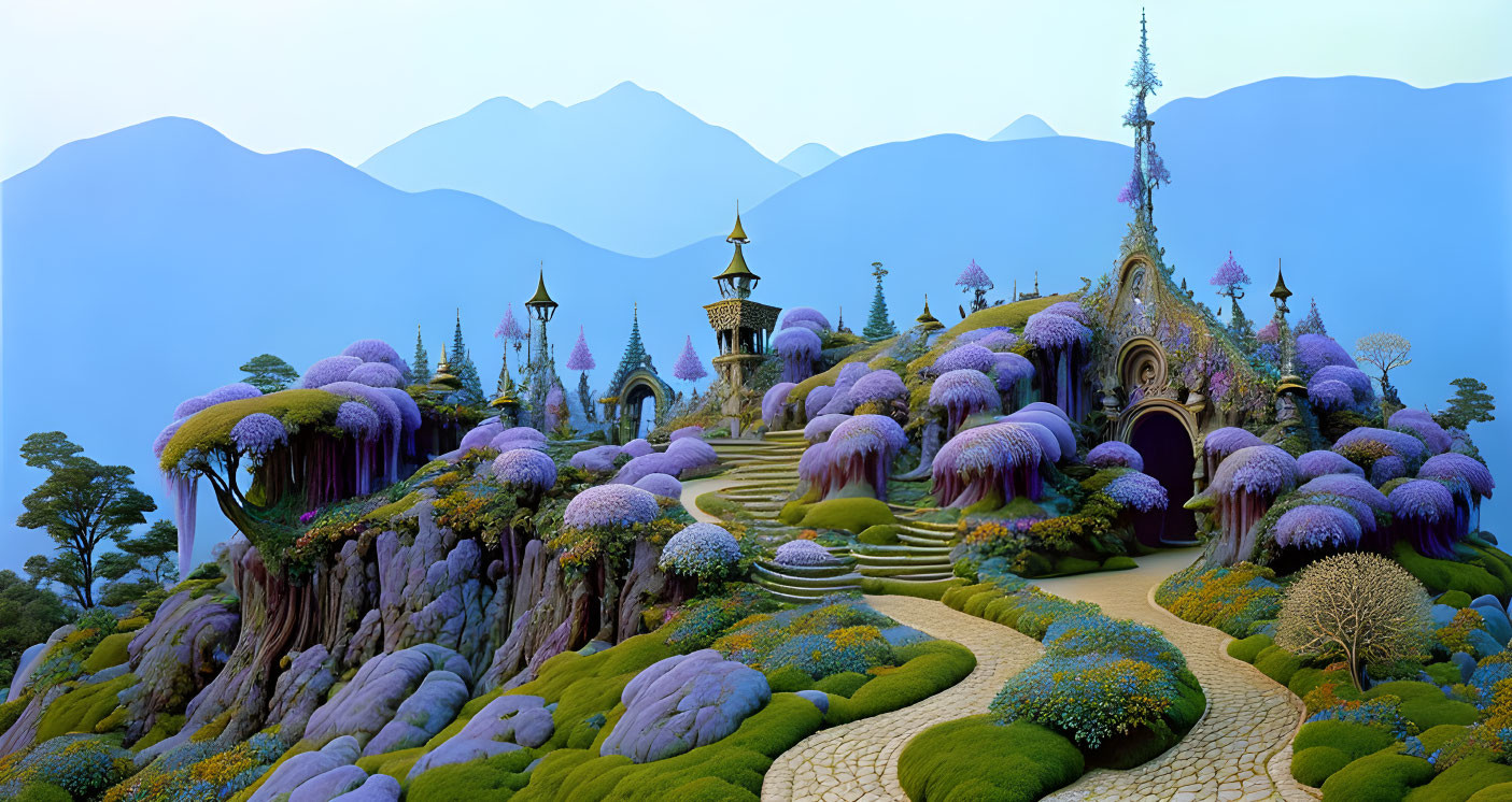 Fantastical landscape with purple-topped trees and whimsical castles