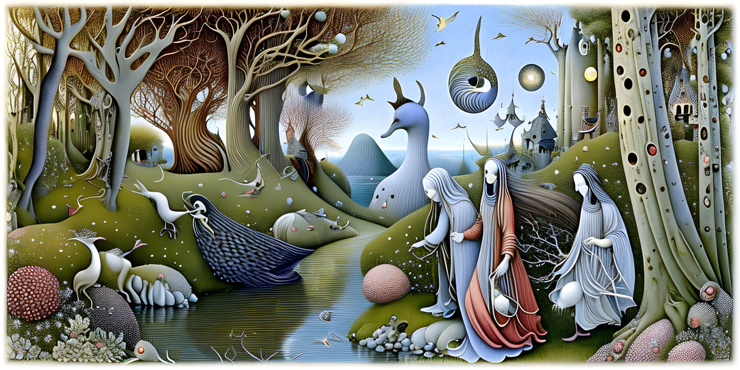 Detailed surreal landscape with elongated figures, whimsical trees, birds, orbs, and castle.