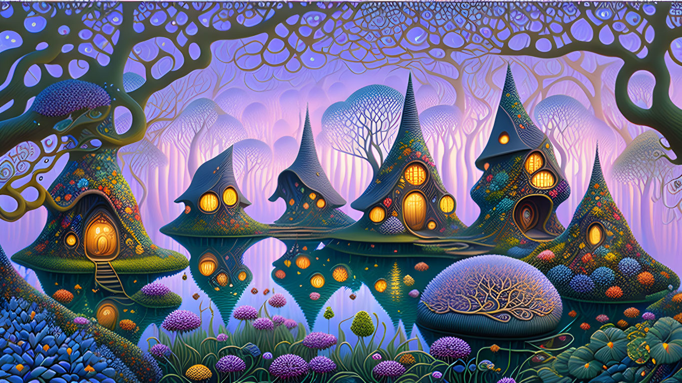 Colorful forest with mushroom houses and glowing windows under starry sky