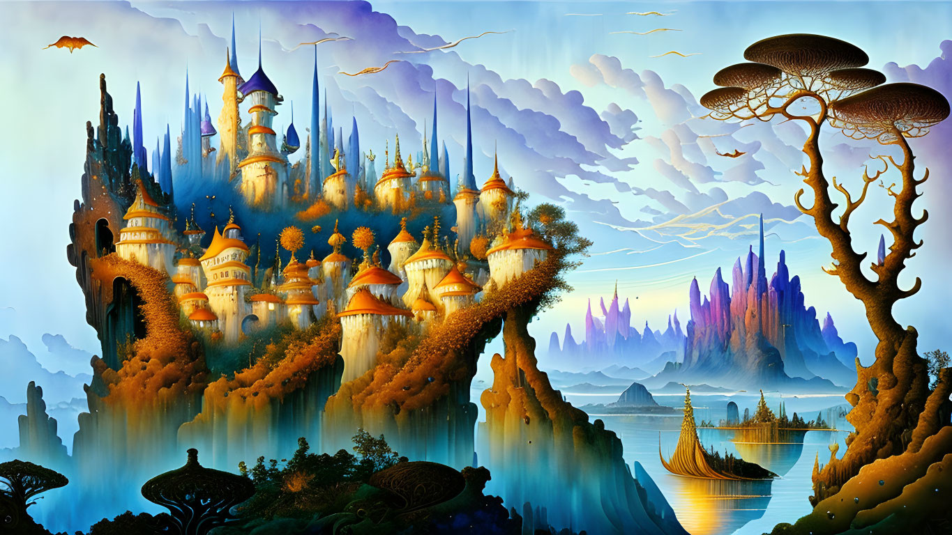 Majestic castle in fantastical landscape with mystical elements