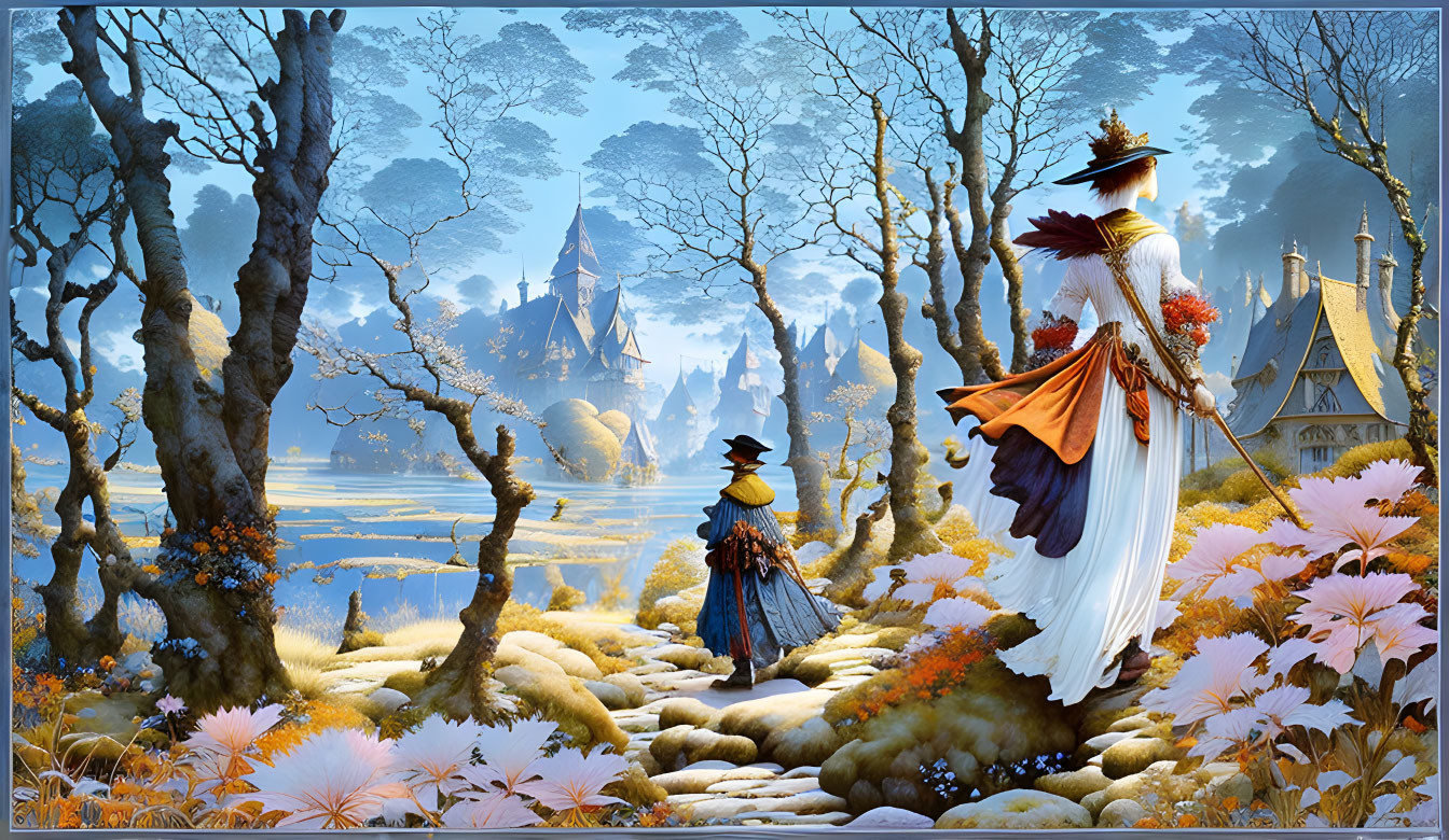 Fantastical landscape with elegantly dressed figures and distant castle.