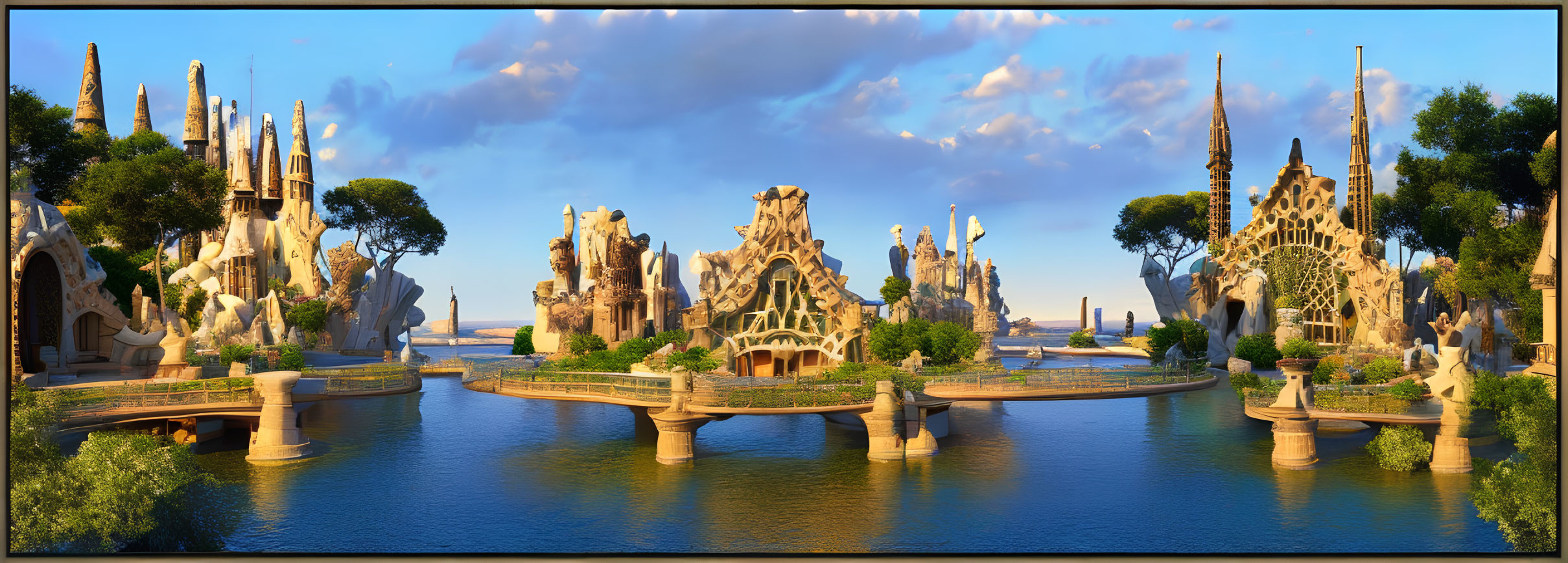 Fantasy landscape with ornate towers and bridges on islets at sunset