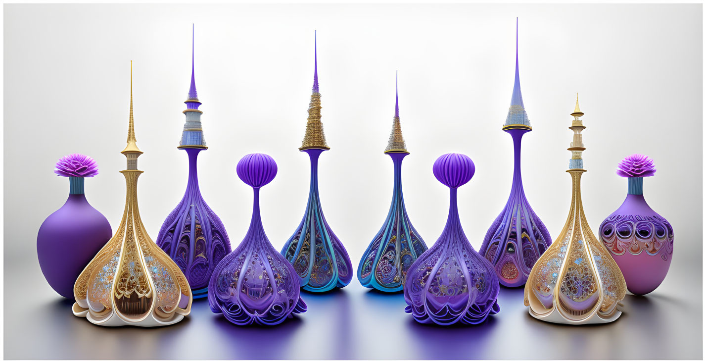 Intricate digitally-rendered purple perfume bottles on neutral backdrop