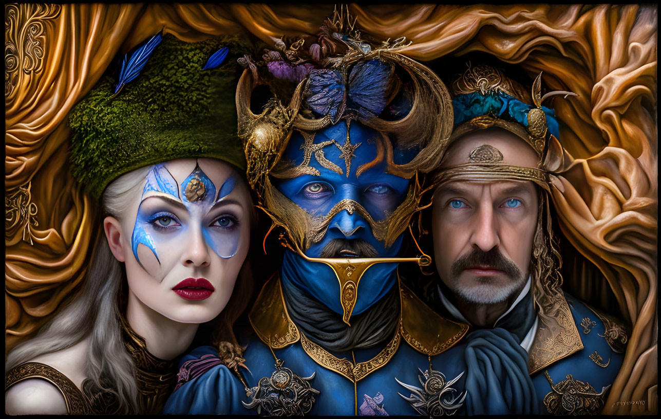 Three individuals in intricate fantasy attire and makeup with elaborate headpieces, gazing directly at the camera.