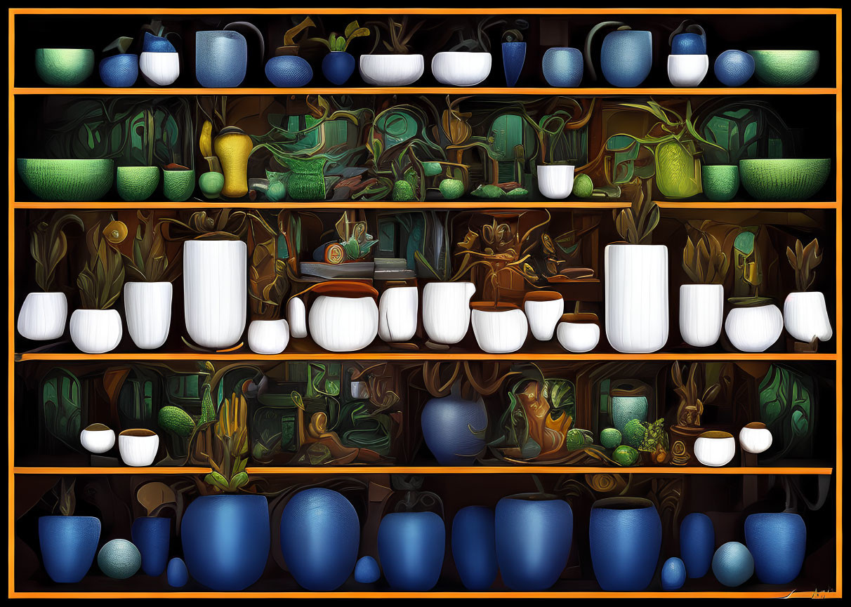 Vibrant Blue and White Pots with Green Plants on Wooden Shelves