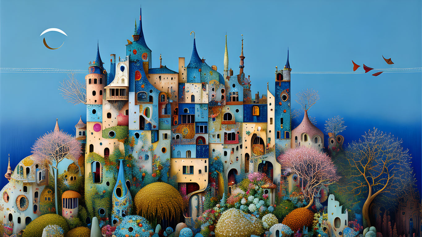 Fantastical castle illustration with colorful architecture