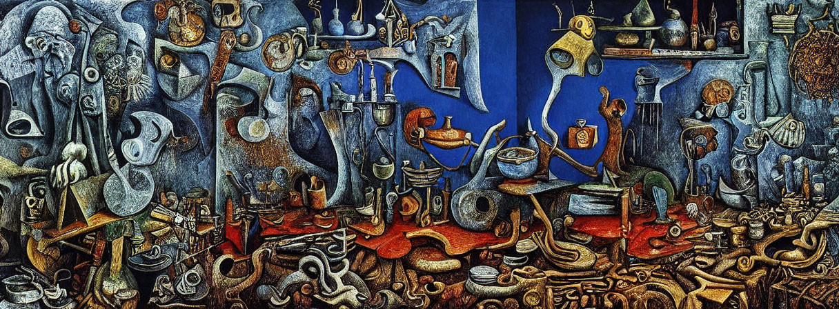 Abstract mural featuring surreal figures and objects in blues, yellows, and browns