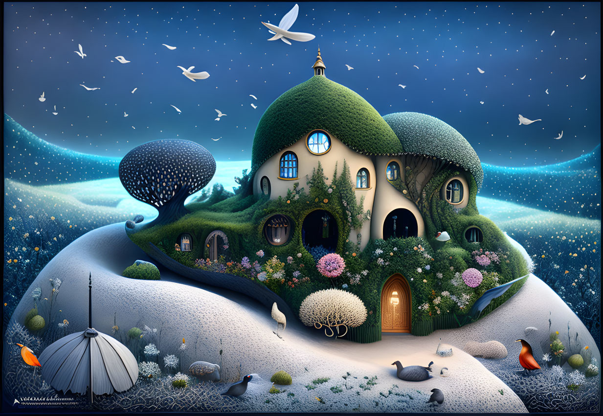 Fantastical house with green roof in whimsical illustration