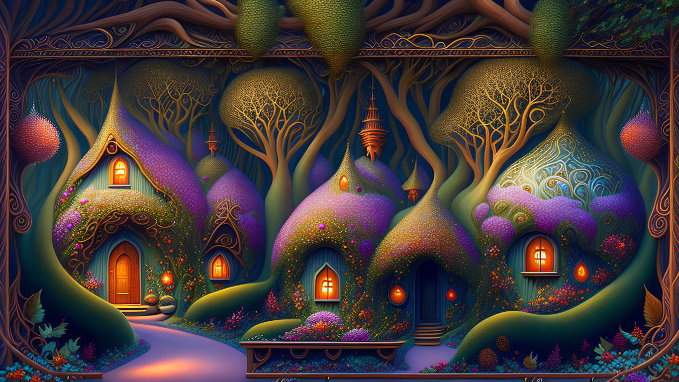 Enchanting forest with whimsical tree houses under magical night sky