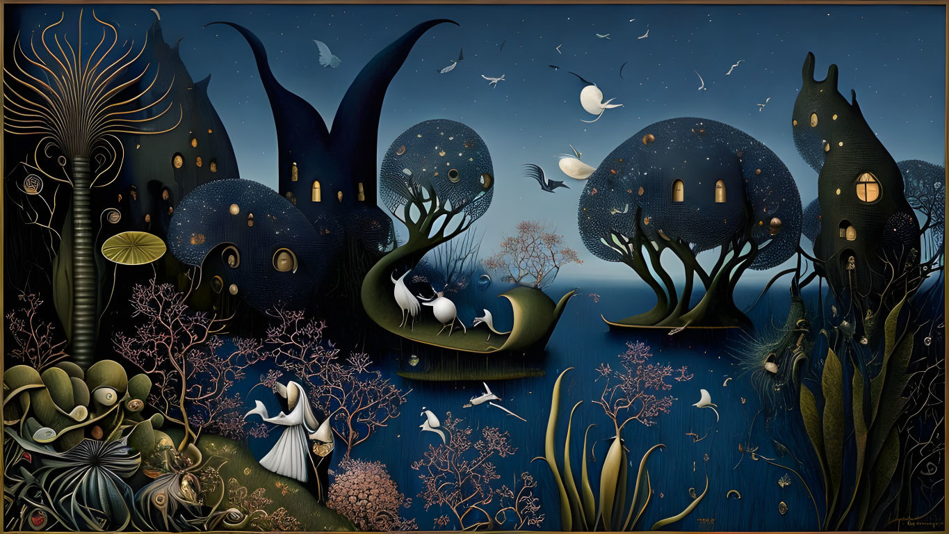 Surreal night scene with woman, whimsical trees, creatures, and flying fish