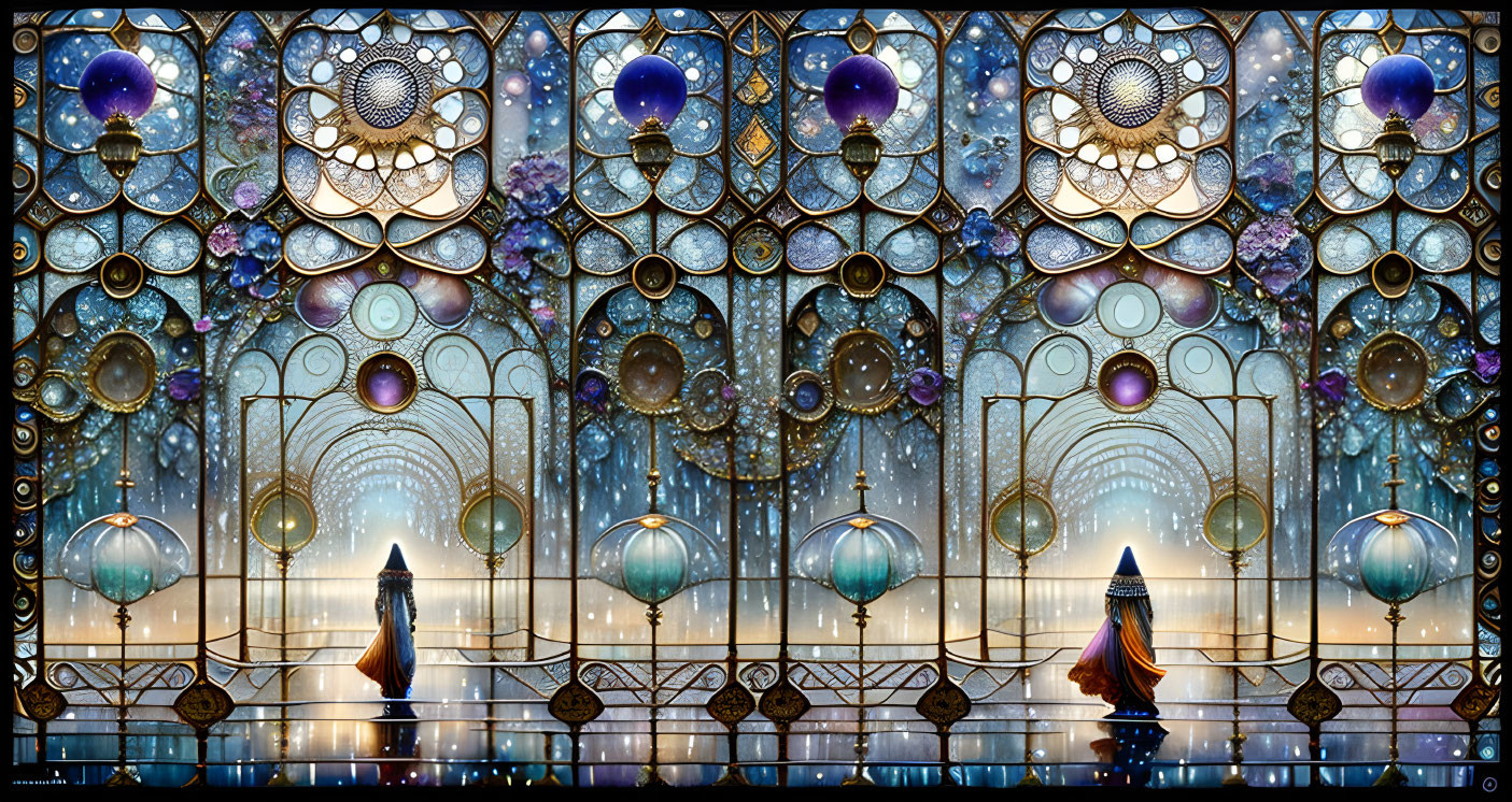 Symmetrical room with cosmic-themed stained glass and celestial orbs