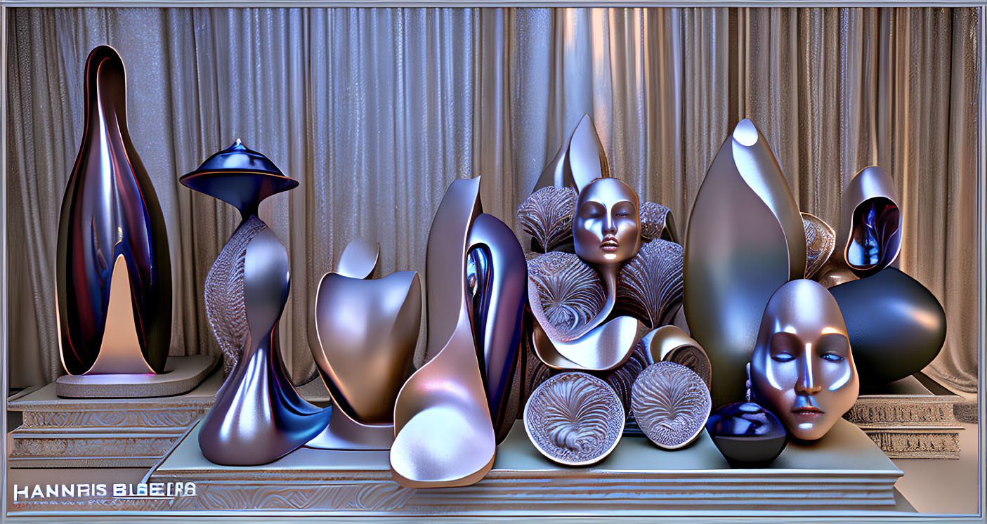 Glossy metallic sculptures in abstract and humanoid forms on display