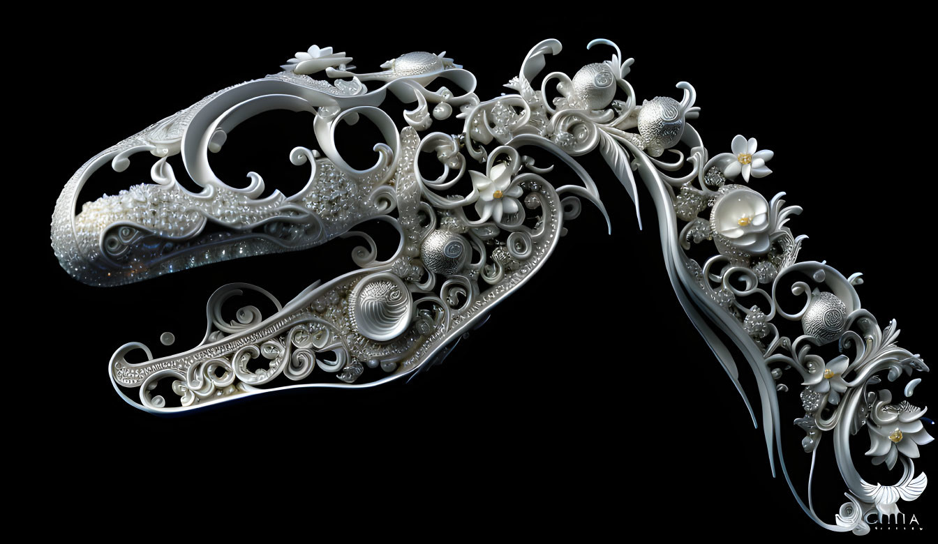 Silver and Pearl Masquerade Masks with Floral Motifs on Black Background