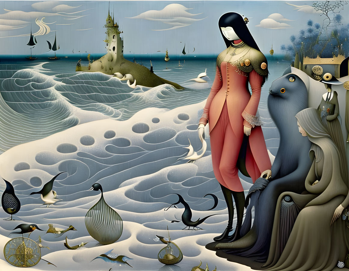 Surreal painting of figures in vintage attire amid whimsical maritime scene