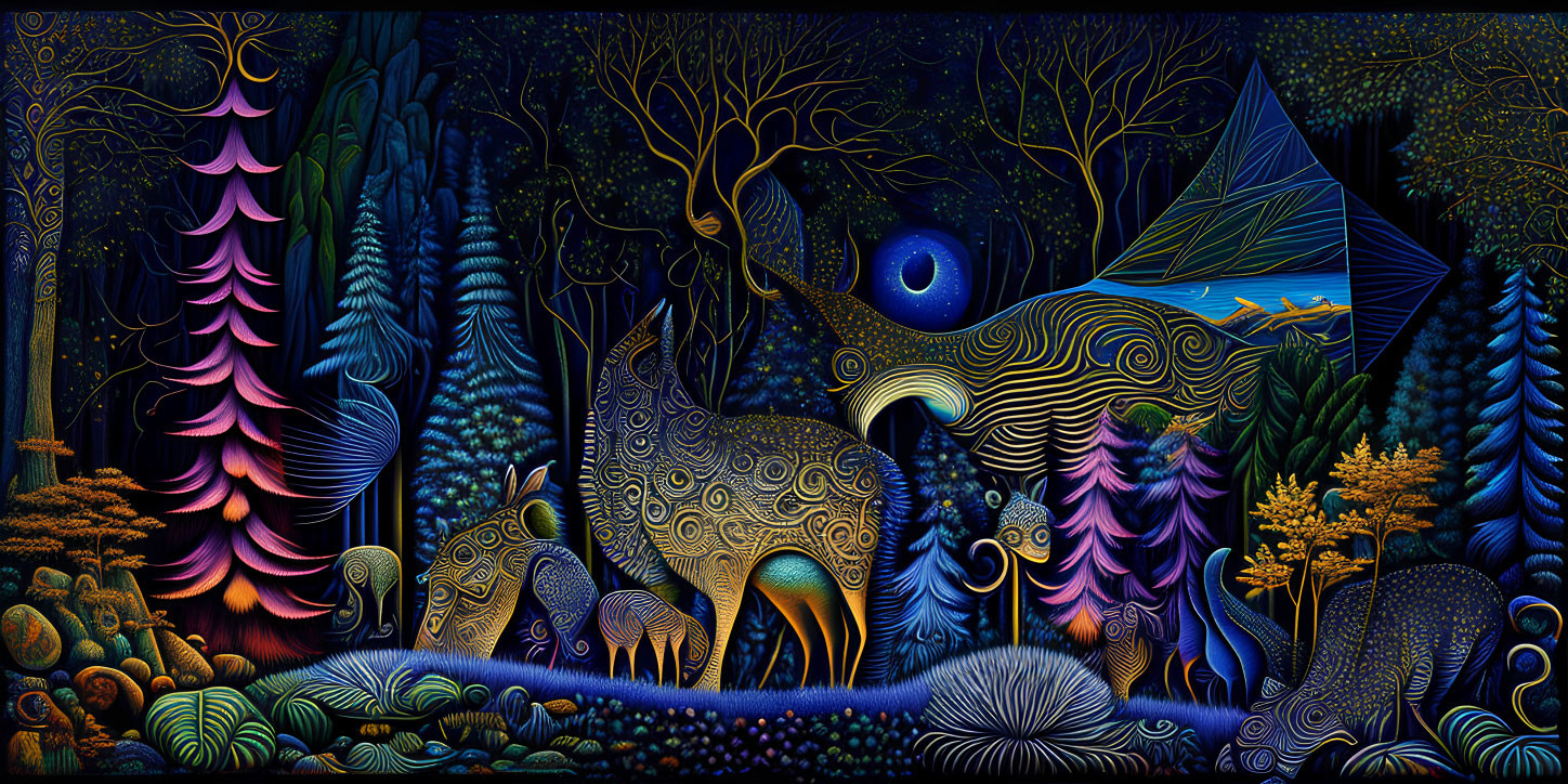 Colorful whimsical forest scene with patterned animals and starlit sky