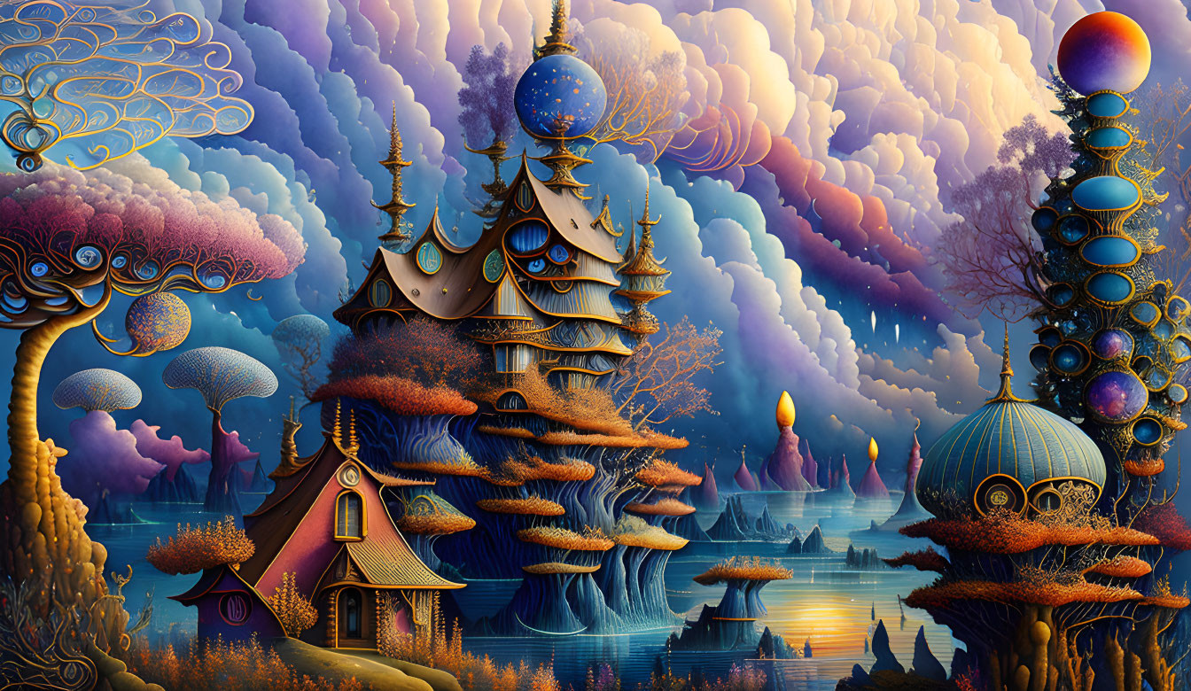 Colorful Fantasy Landscape with Whimsical Structures and Mushroom-like Trees