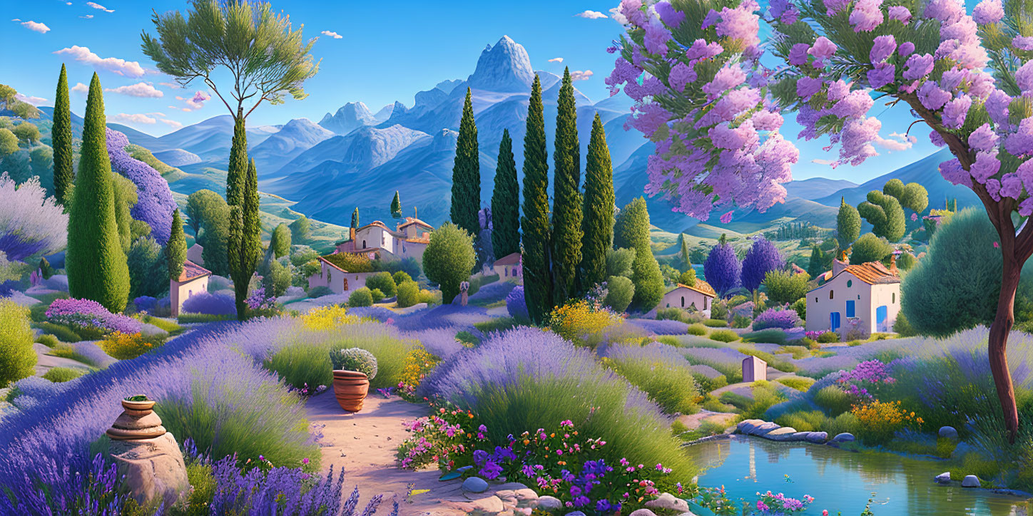 Scenic landscape with lavender fields, blooming trees, pond, and mountains.