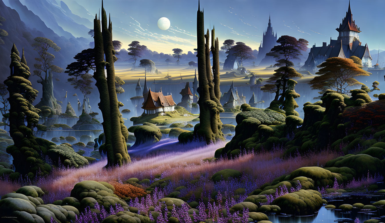 Fantastical landscape with towering spires, castle, rivers, purple flora, moss-covered stones,