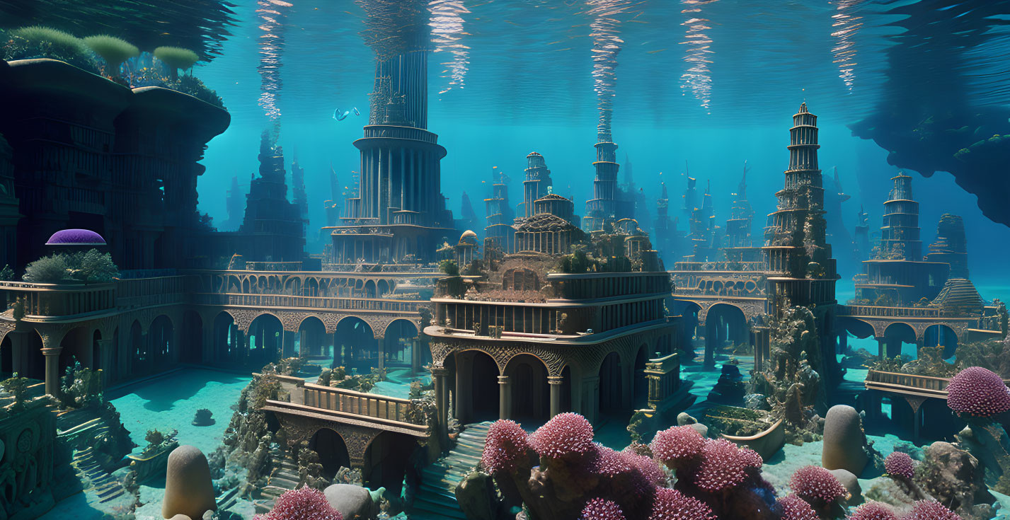 Classical architecture in underwater cityscape with coral formations