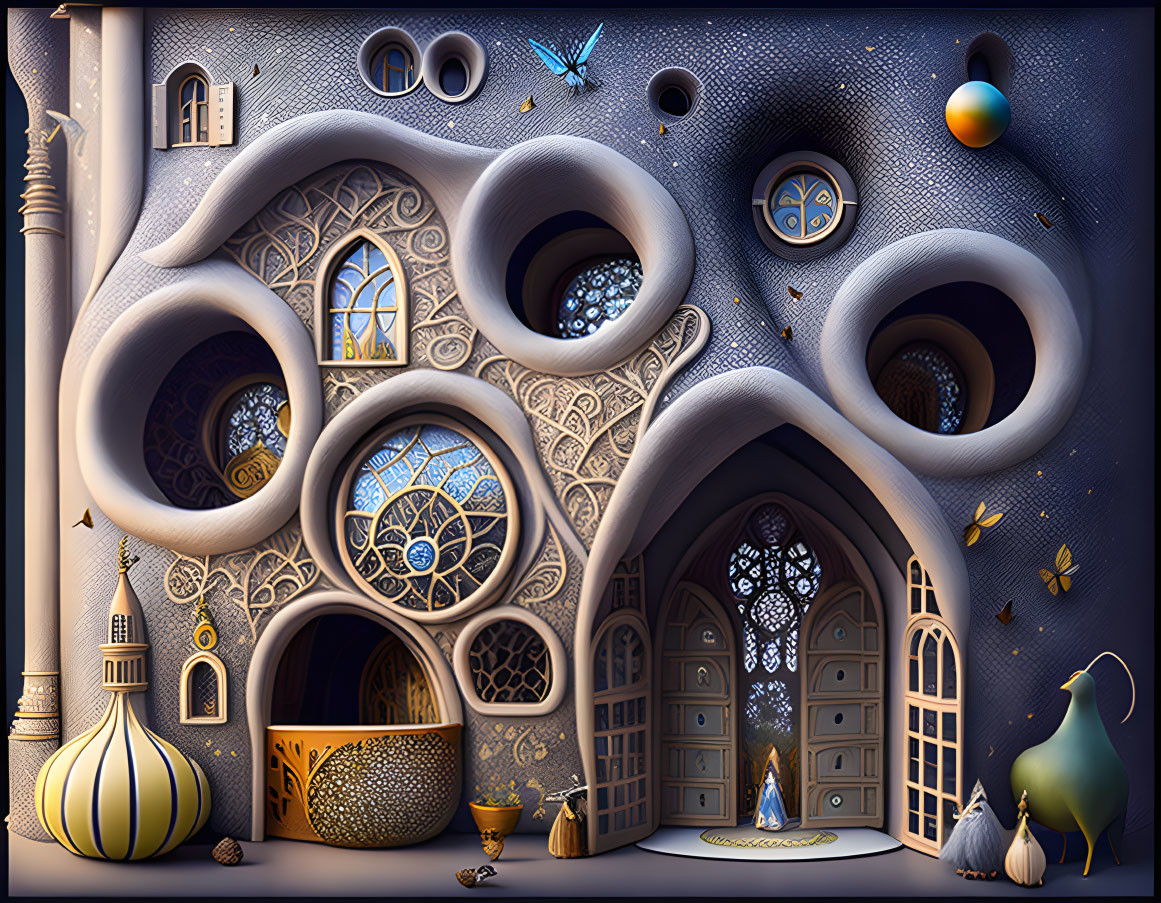 Detailed fantasy building illustration with round windows, ornate doors, starry sky, creature, and birds