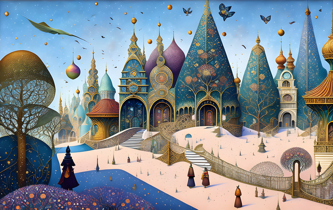 Fantastical snowy landscape with ornate buildings and robed figures