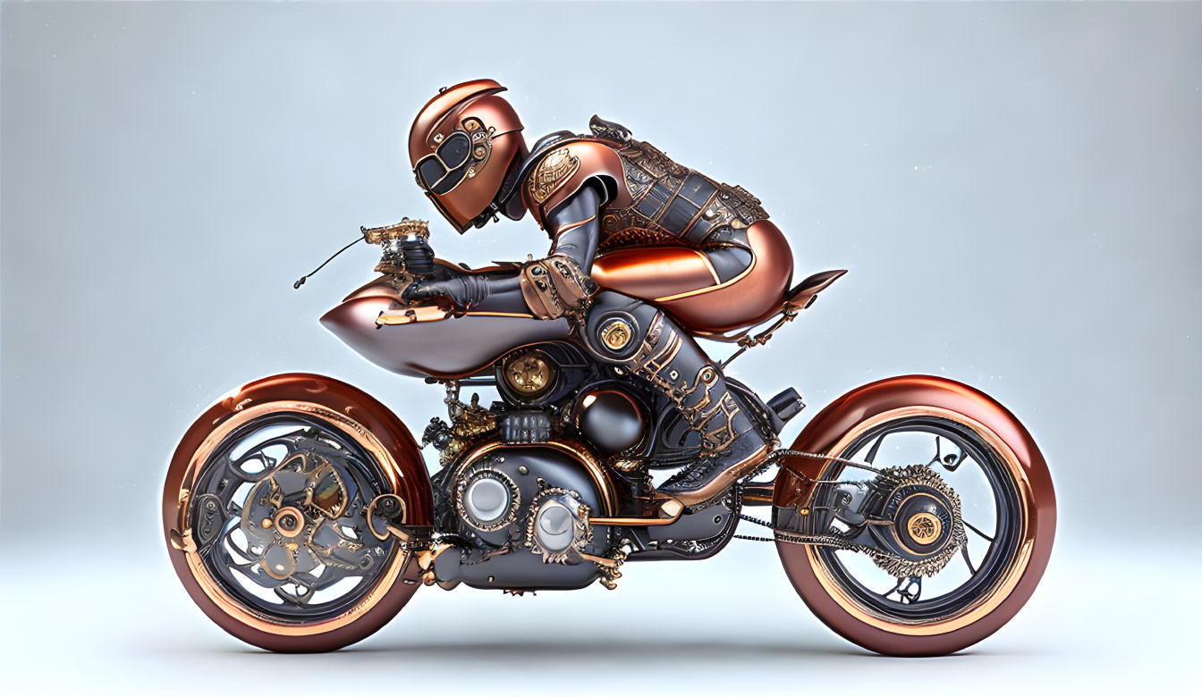 Intricate steampunk-style motorbike with matching rider in neutral backdrop